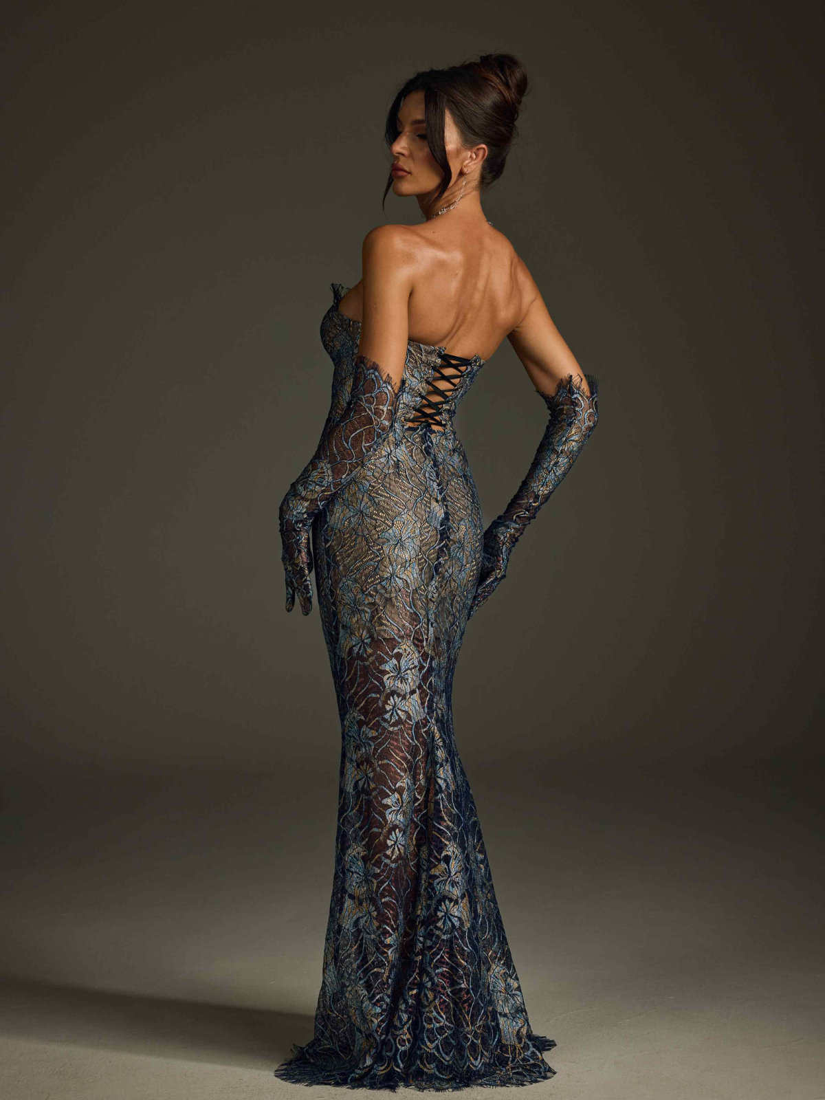 Strapless Lace Floral Maxi Dress In Navy - View 6