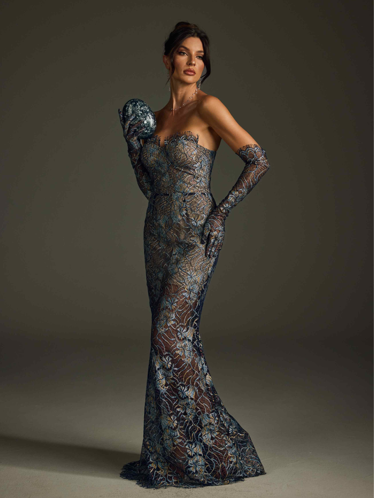 Strapless Lace Floral Maxi Dress In Navy - View 3
