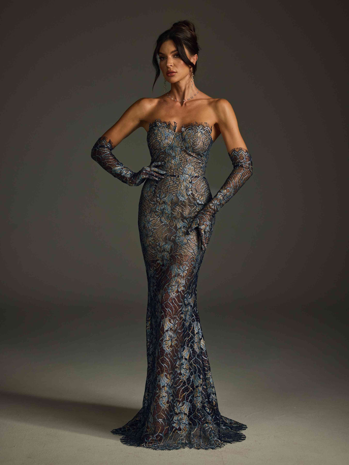 Strapless Floral Lace Sheer Mermaid Maxi Gown with Gloves