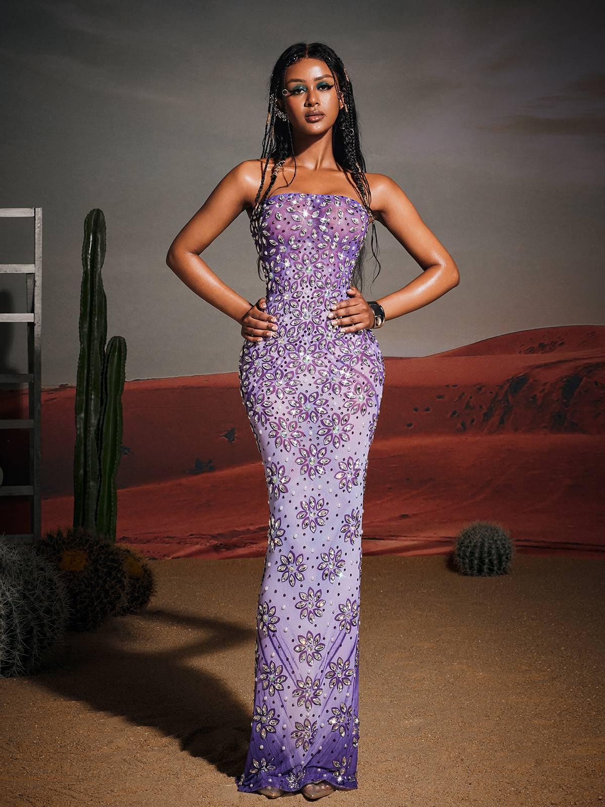 Strapless Floral Rhinestone Maxi Dress - View 3