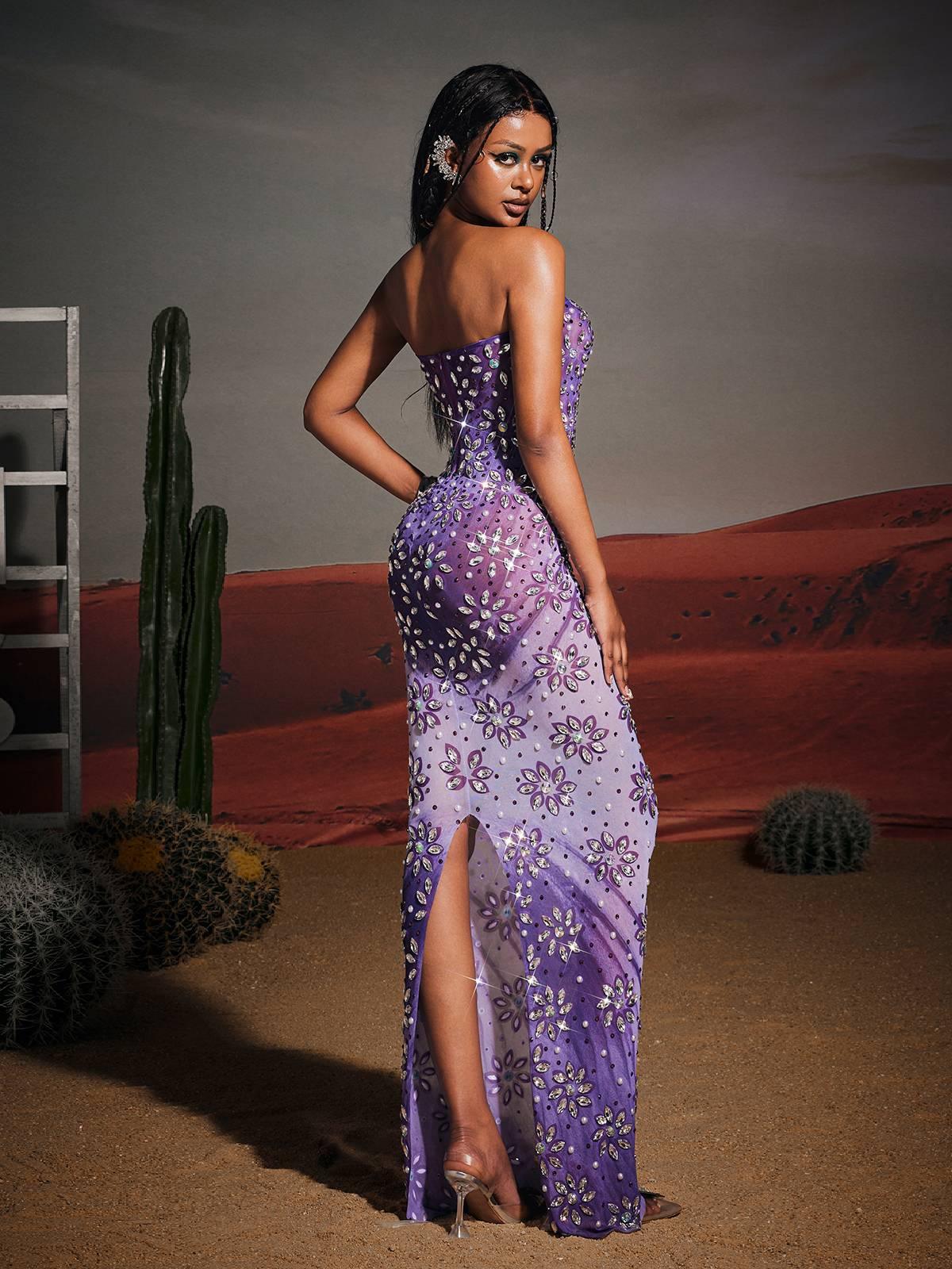 Strapless Floral Rhinestone Maxi Dress - View 6