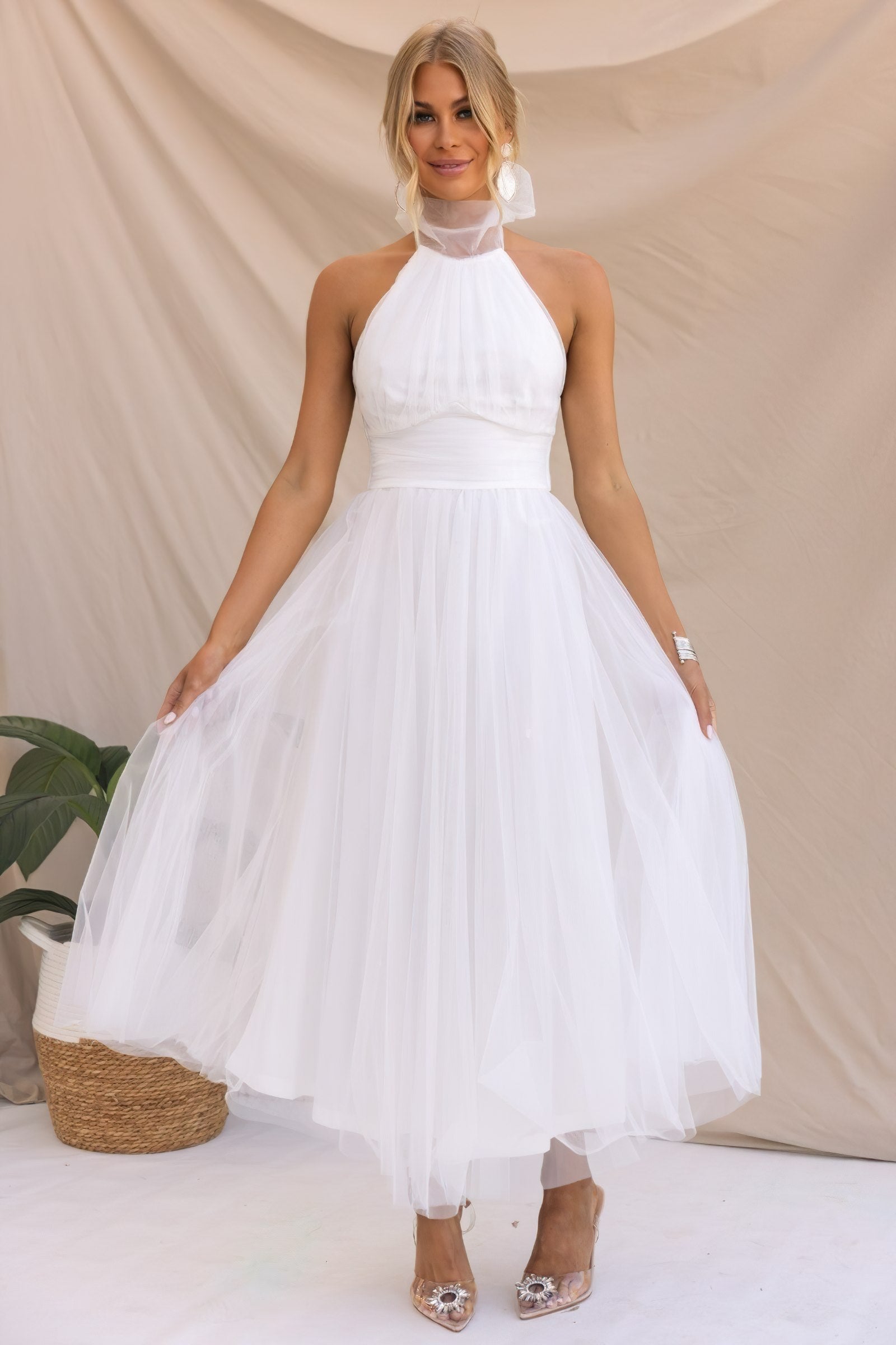 Tulle Halter Neck Tie Back Open Back Ruched Waist Layered Midi Dress