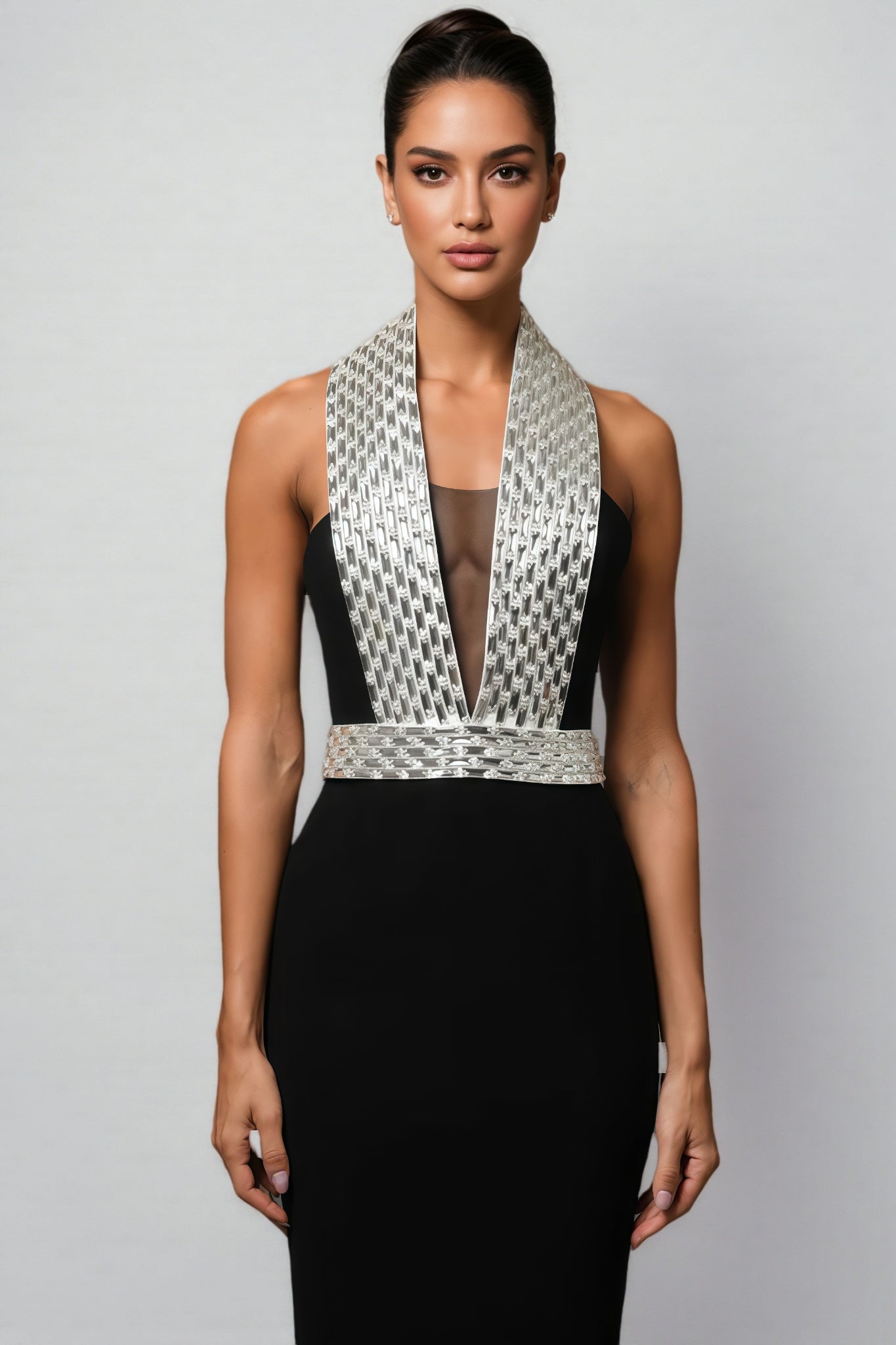 Ierra Black Diamond Studded Backless Maxi Dress - View 2
