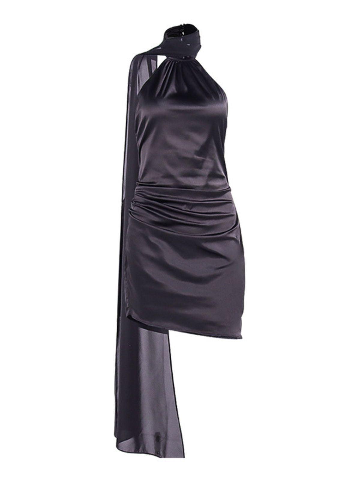 Satin Halter Neck Ruched Draped Bodycon Mini Dress