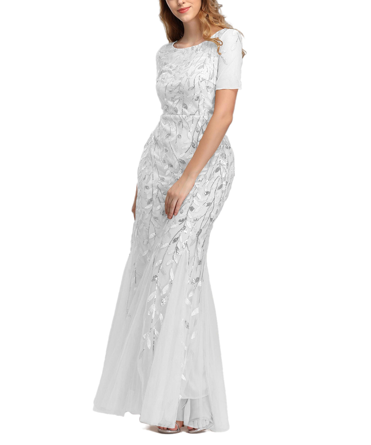 Sequin Leaf Embroidered Short Sleeve Tulle Mermaid Gown 15