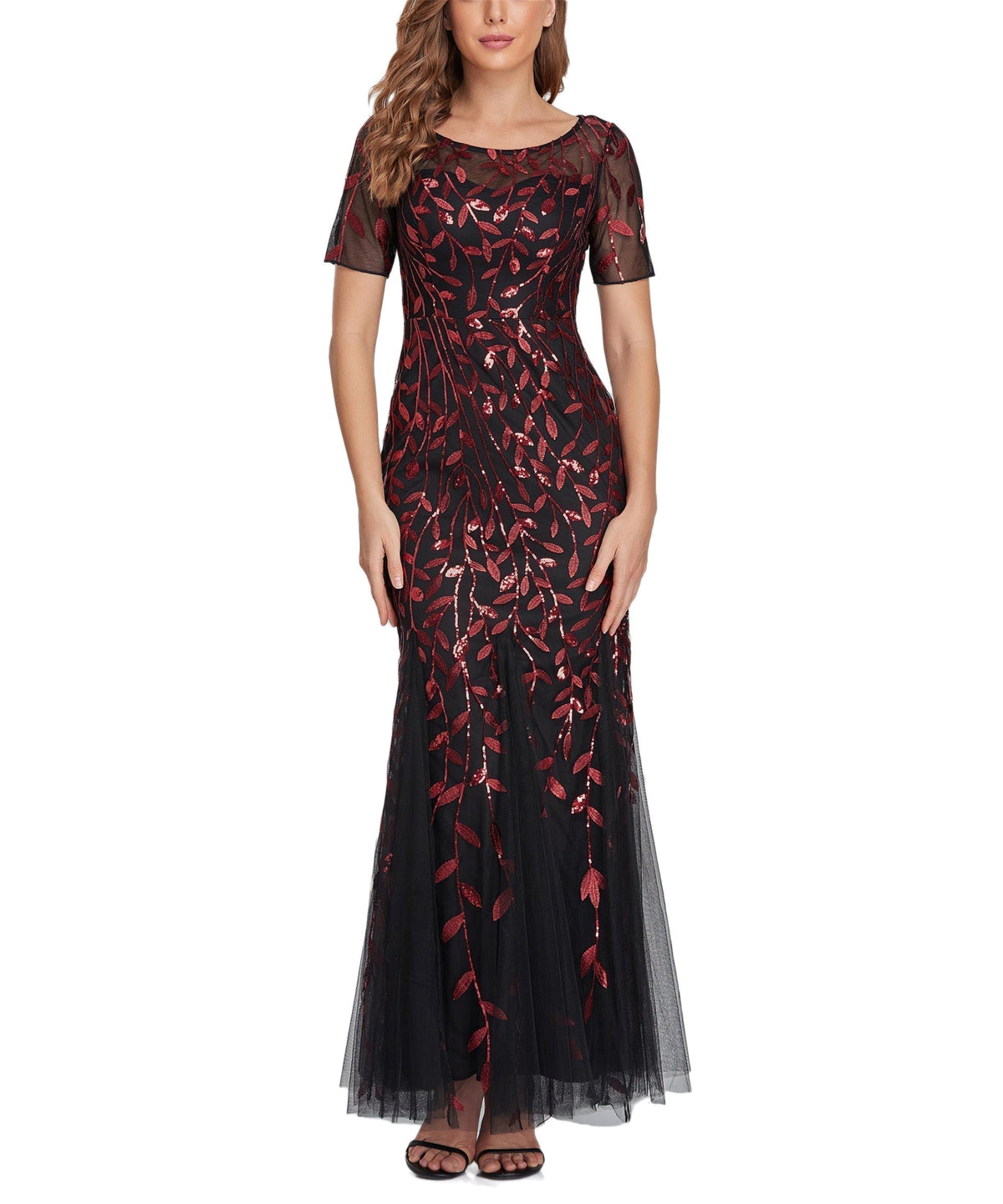 Sequin Leaf Embroidered Short Sleeve Tulle Mermaid Gown 3
