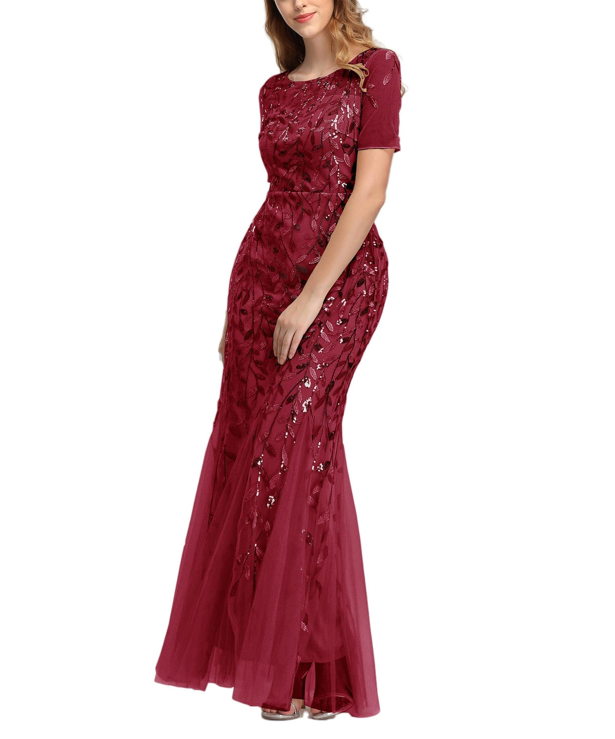 Sequin Leaf Embroidered Short Sleeve Tulle Mermaid Gown 19