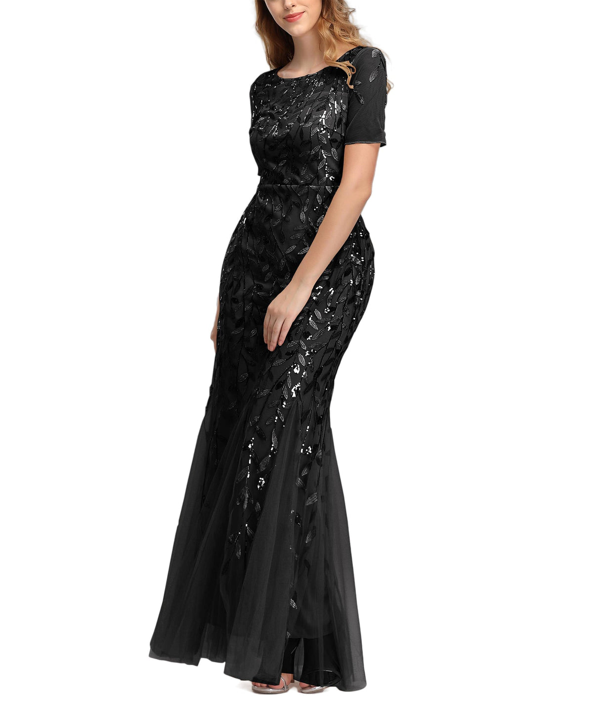 Sequin Leaf Embroidered Short Sleeve Tulle Mermaid Gown 10