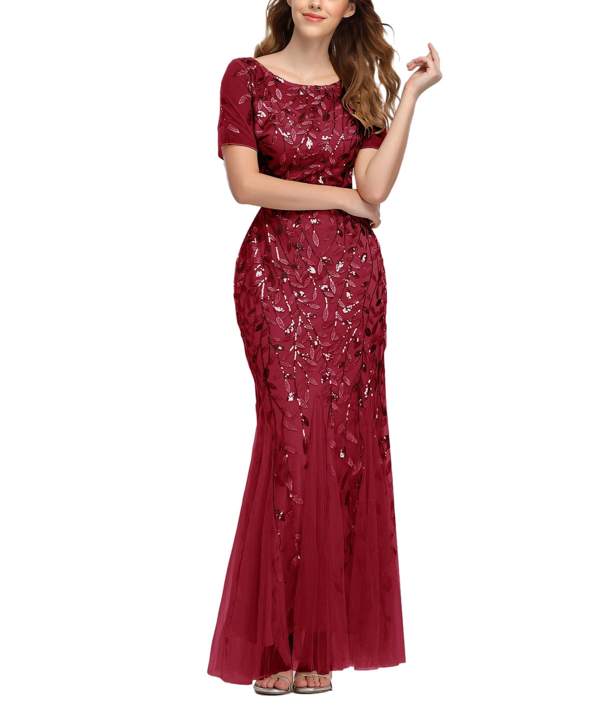 Sequin Leaf Embroidered Short Sleeve Tulle Mermaid Gown 5