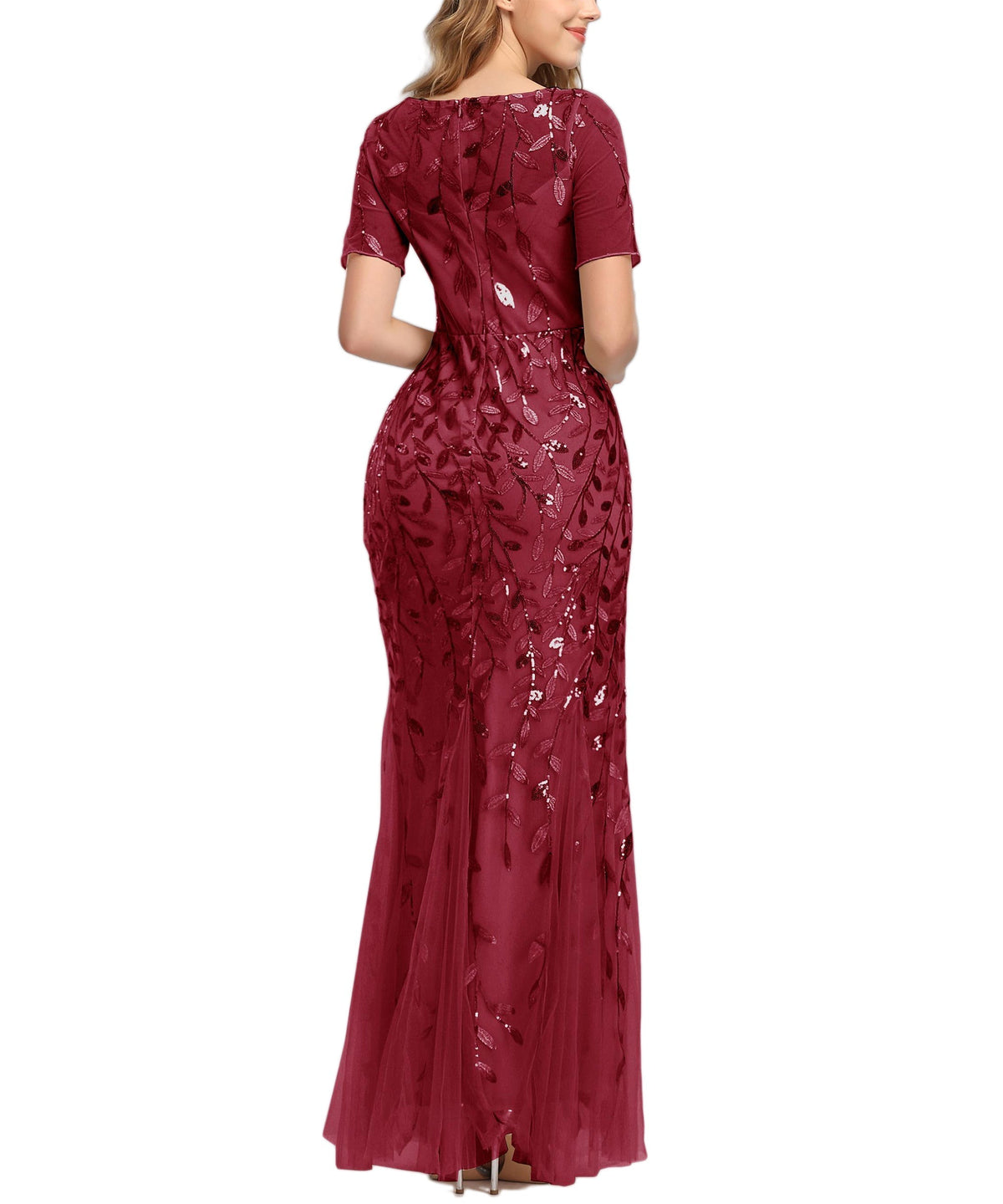 Sequin Leaf Embroidered Short Sleeve Tulle Mermaid Gown 20