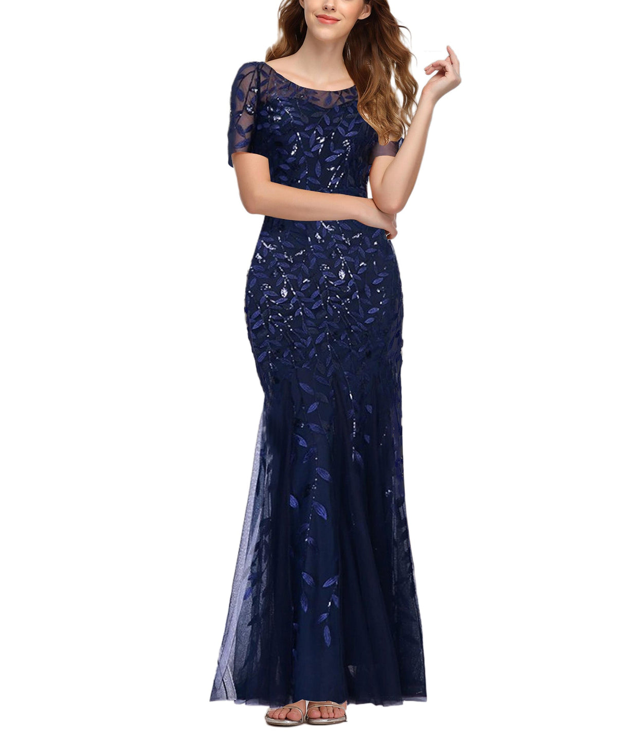 Sequin Leaf Embroidered Short Sleeve Tulle Mermaid Gown 7