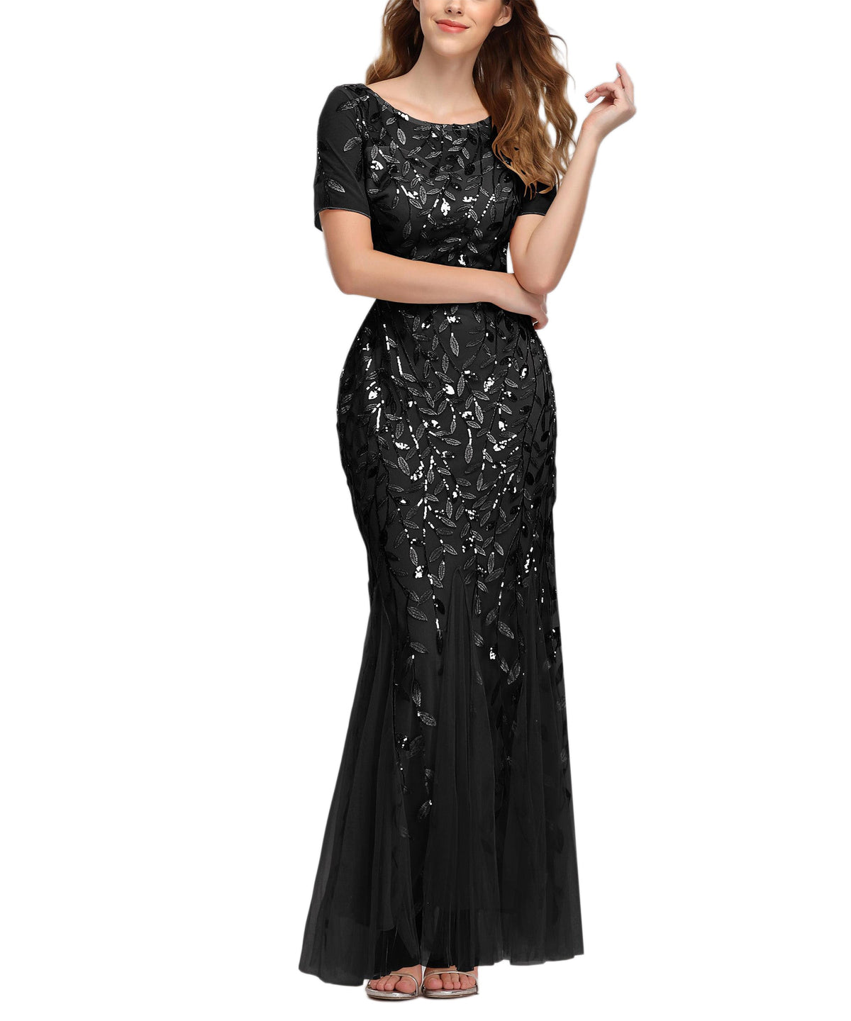 Sequin Leaf Embroidered Short Sleeve Tulle Mermaid Gown 2