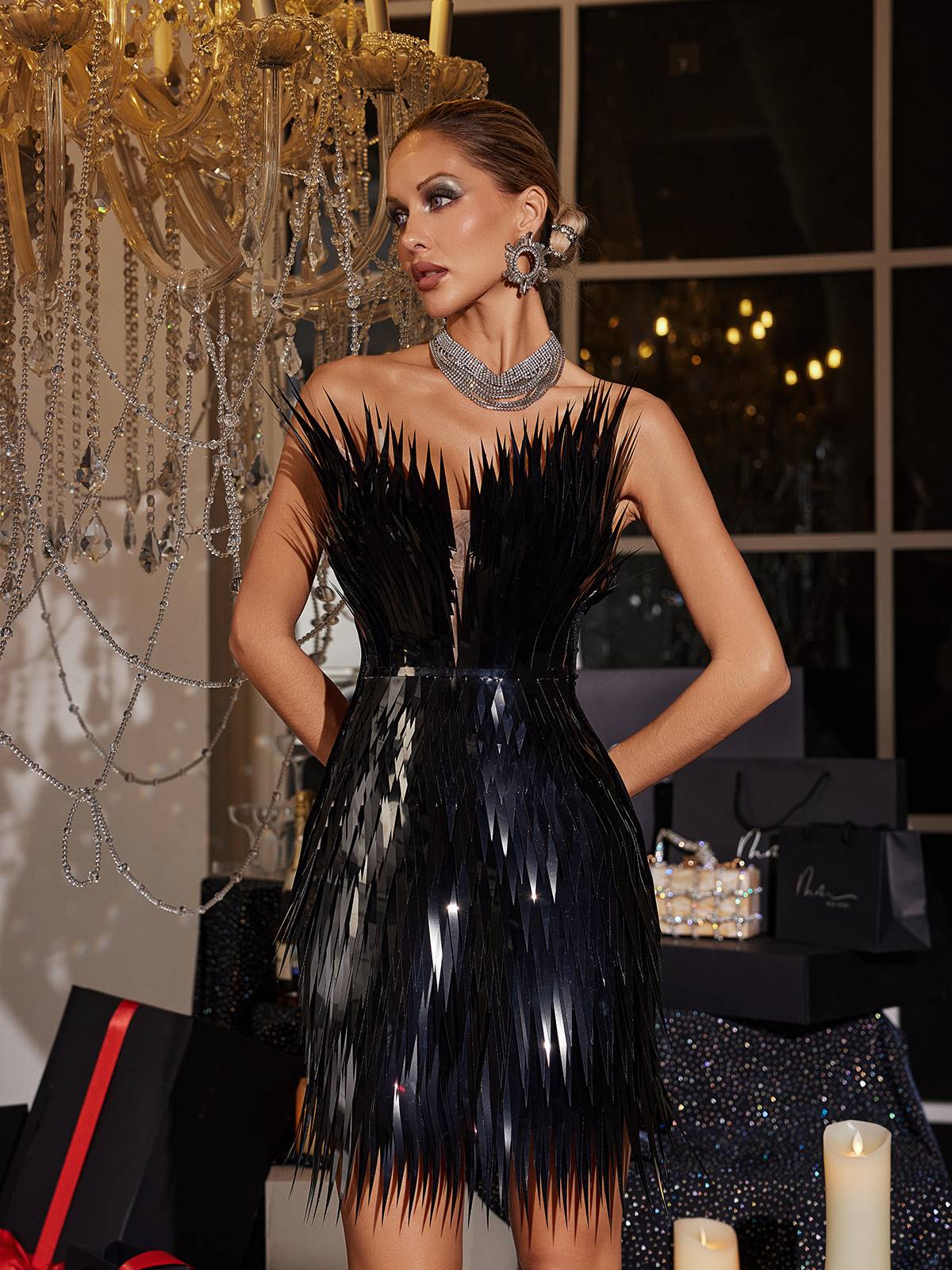 Metal Feather Mini Dress In Black - View 4