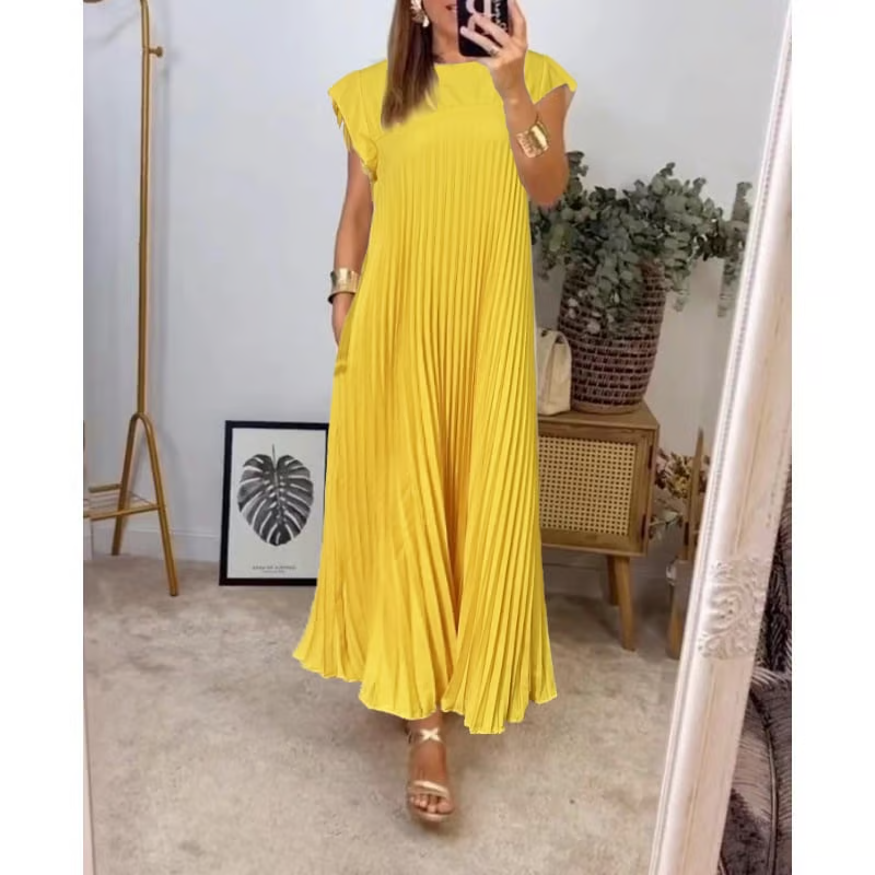 Sorrel - Elegant Spliced Pleated Maxi Dress Yellow