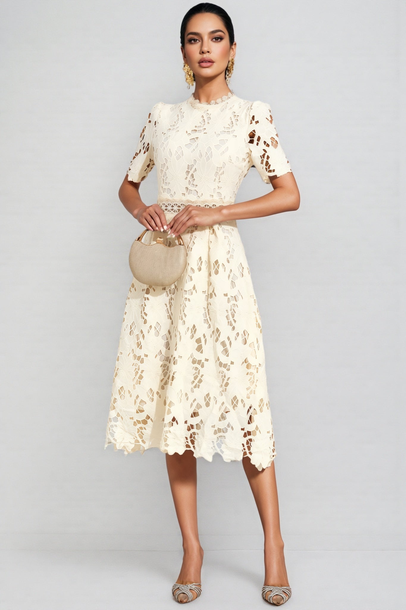 Wheatley Apricot Lace Cut Out Midi Dress - View 2