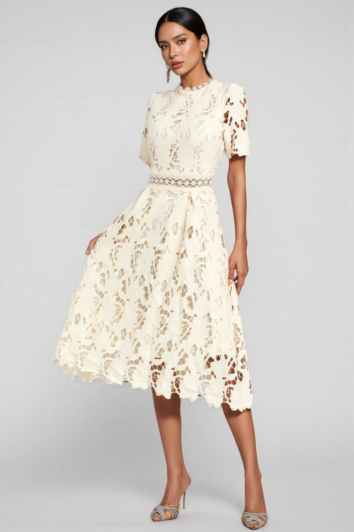 Wheatley Apricot Lace Cut Out Midi Dress - View 4