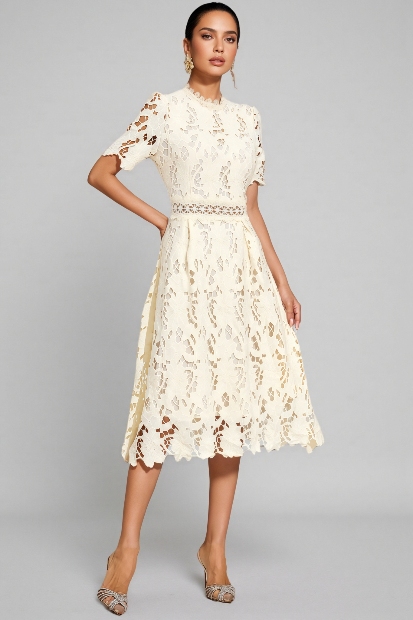 Wheatley Apricot Lace Cut Out Midi Dress - View 5