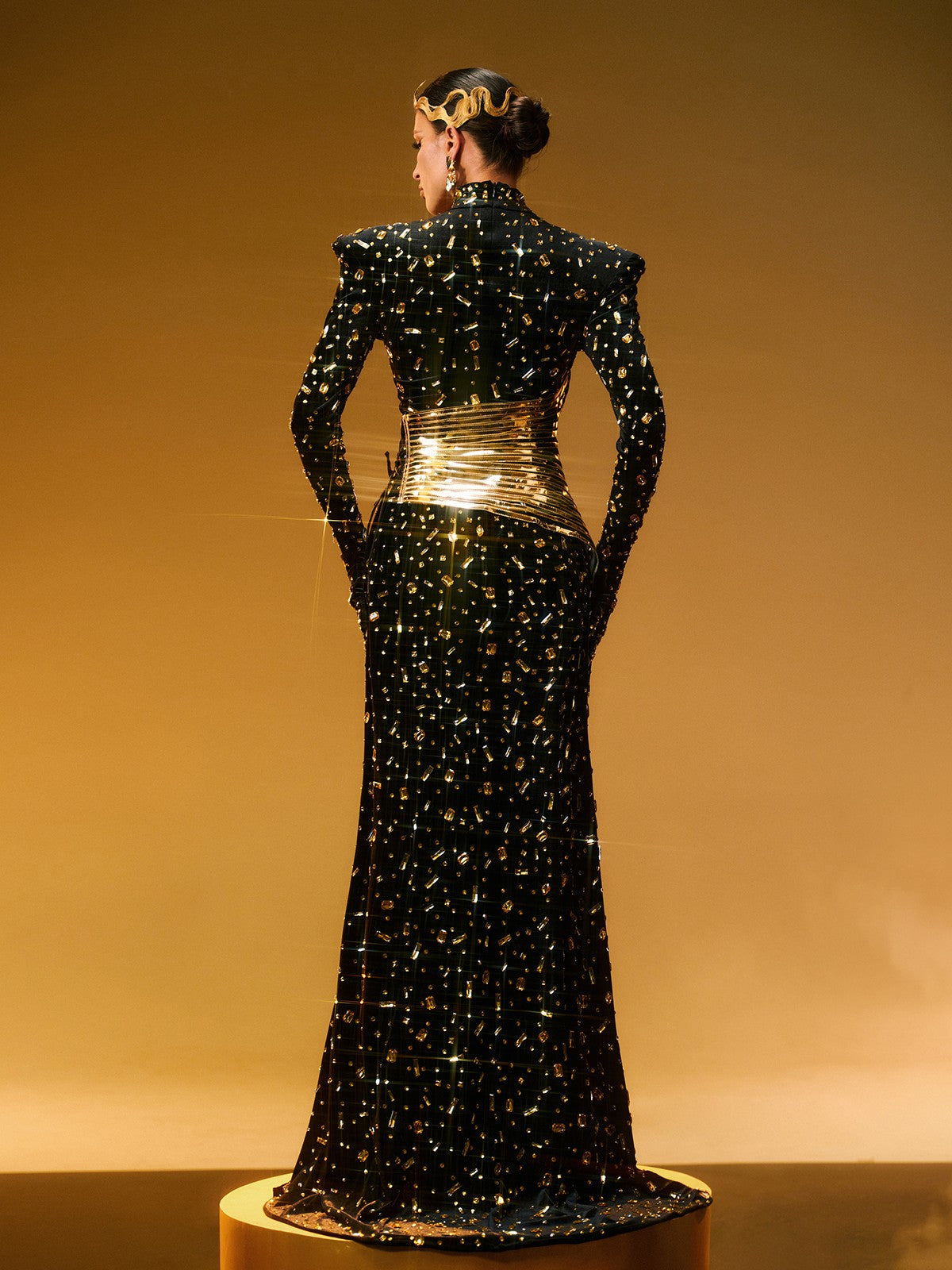 Rhinestone Embellished Split Maxi Dress In Black - View 6