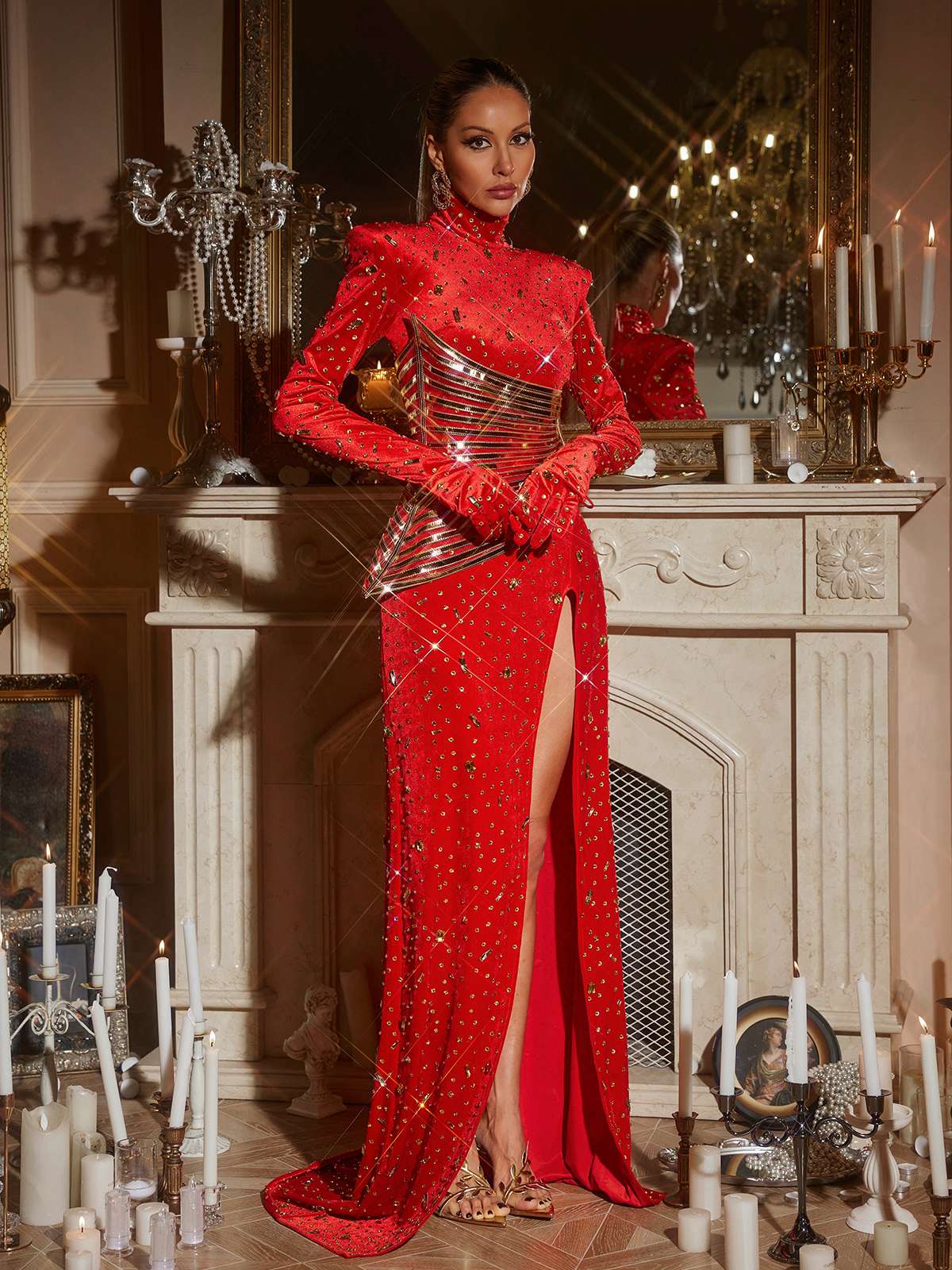 Rhinestone Embellished Split Maxi Dress - View 4