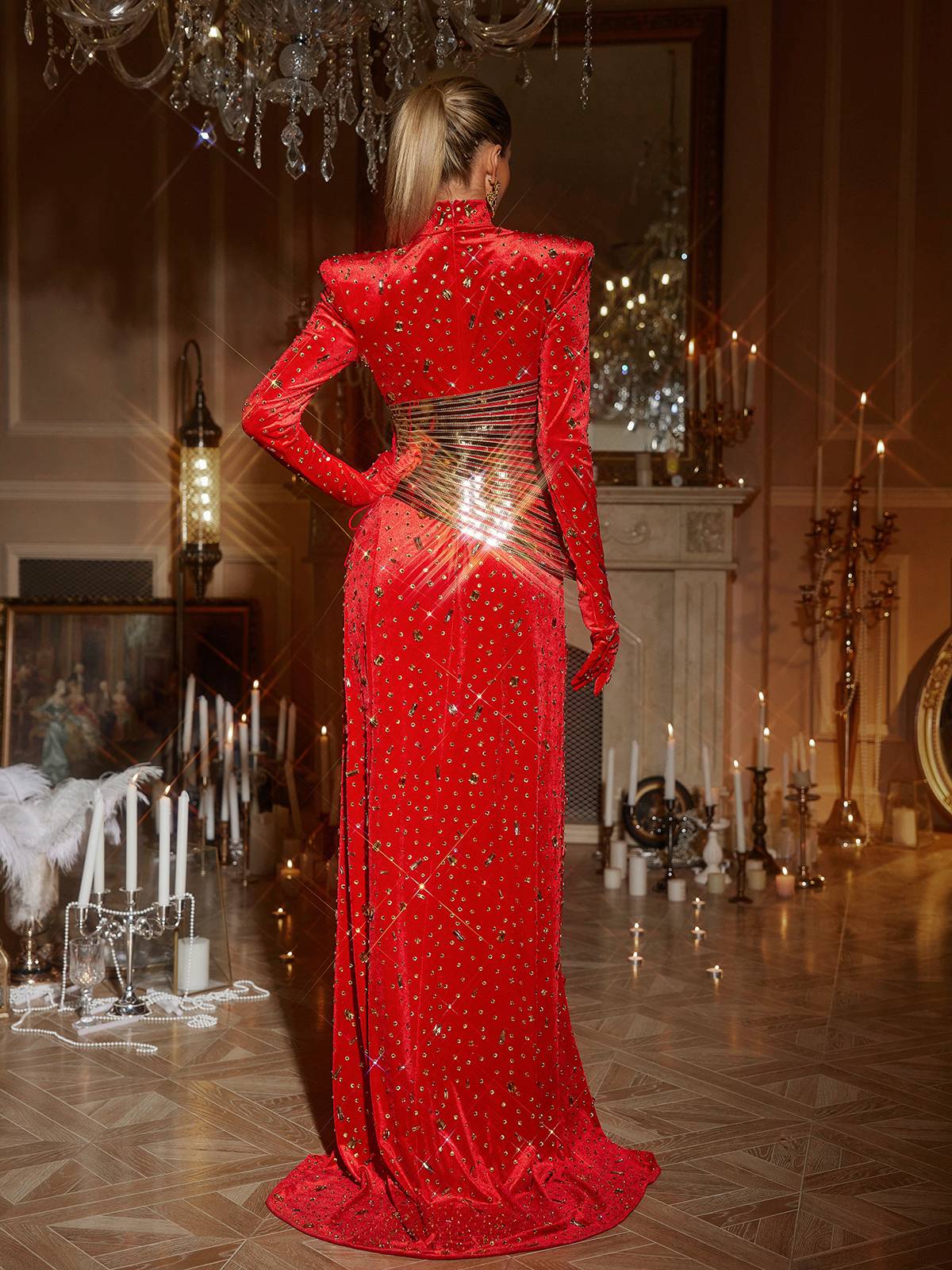 Rhinestone Embellished Split Maxi Dress - View 6