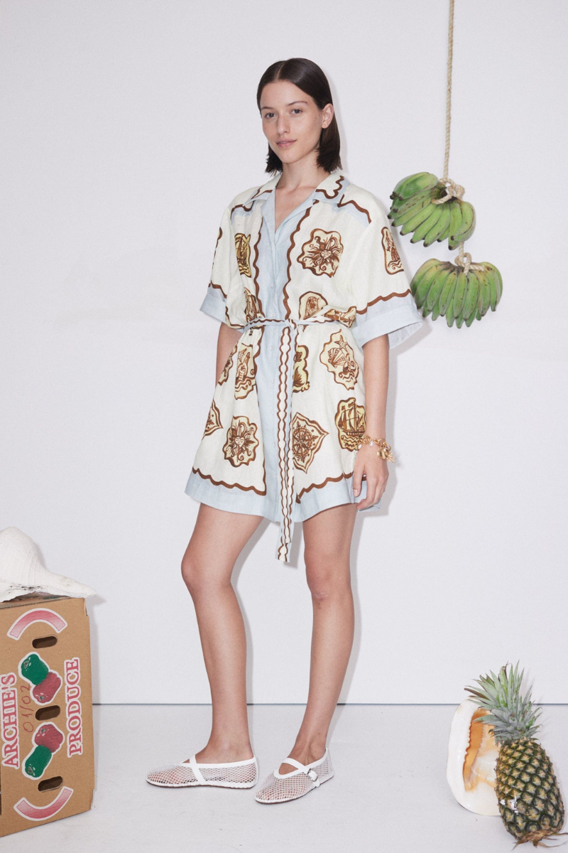 Ship Crest Print Scallop Trim Collar Short Sleeve Button Front Mini Dress