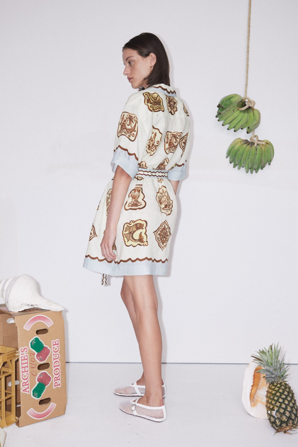 Ship Crest Print Scallop Trim Collar Short Sleeve Button Front Mini Dress