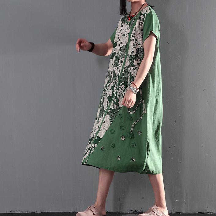 Short Sleeve Round Neck Panel Applique Loose Kaftan Midi Dress