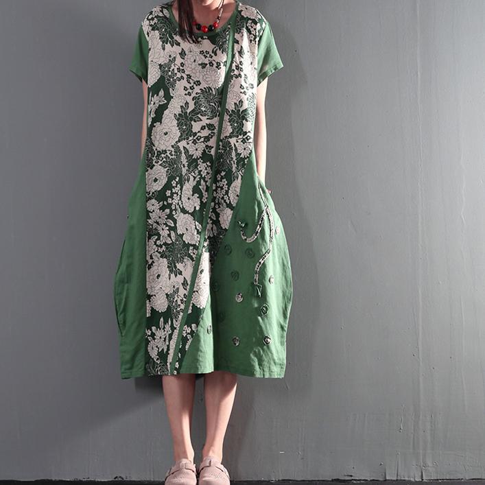 Short Sleeve Round Neck Panel Applique Loose Kaftan Midi Dress