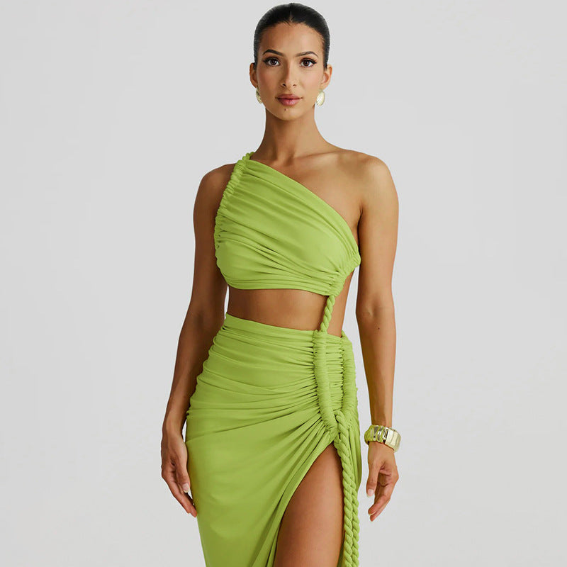 One Shoulder Ruched Cut Out High Split Maxi Dress 3