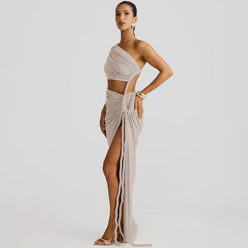 One Shoulder Ruched Cut Out High Split Maxi Dress 20