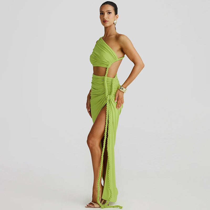 One Shoulder Ruched Cut Out High Split Maxi Dress 26