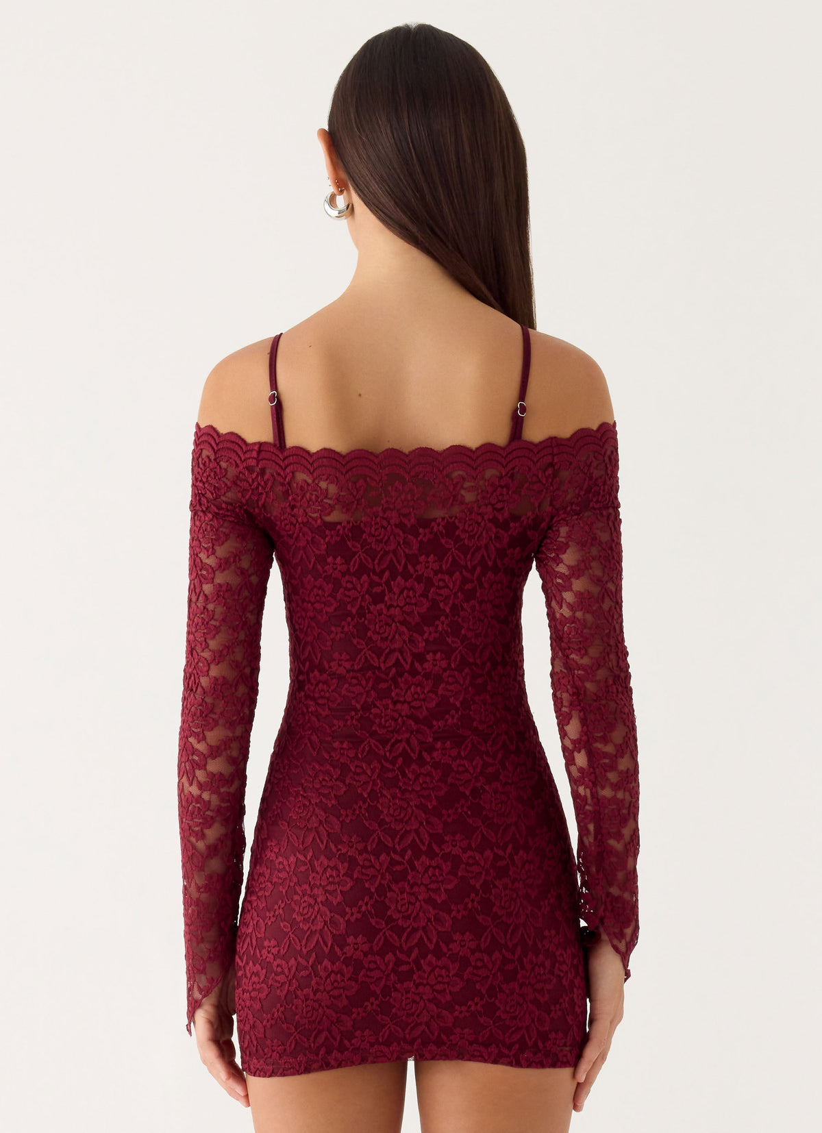 Lace Off Shoulder Long Bell Sleeve Bodycon Mini Dress 5