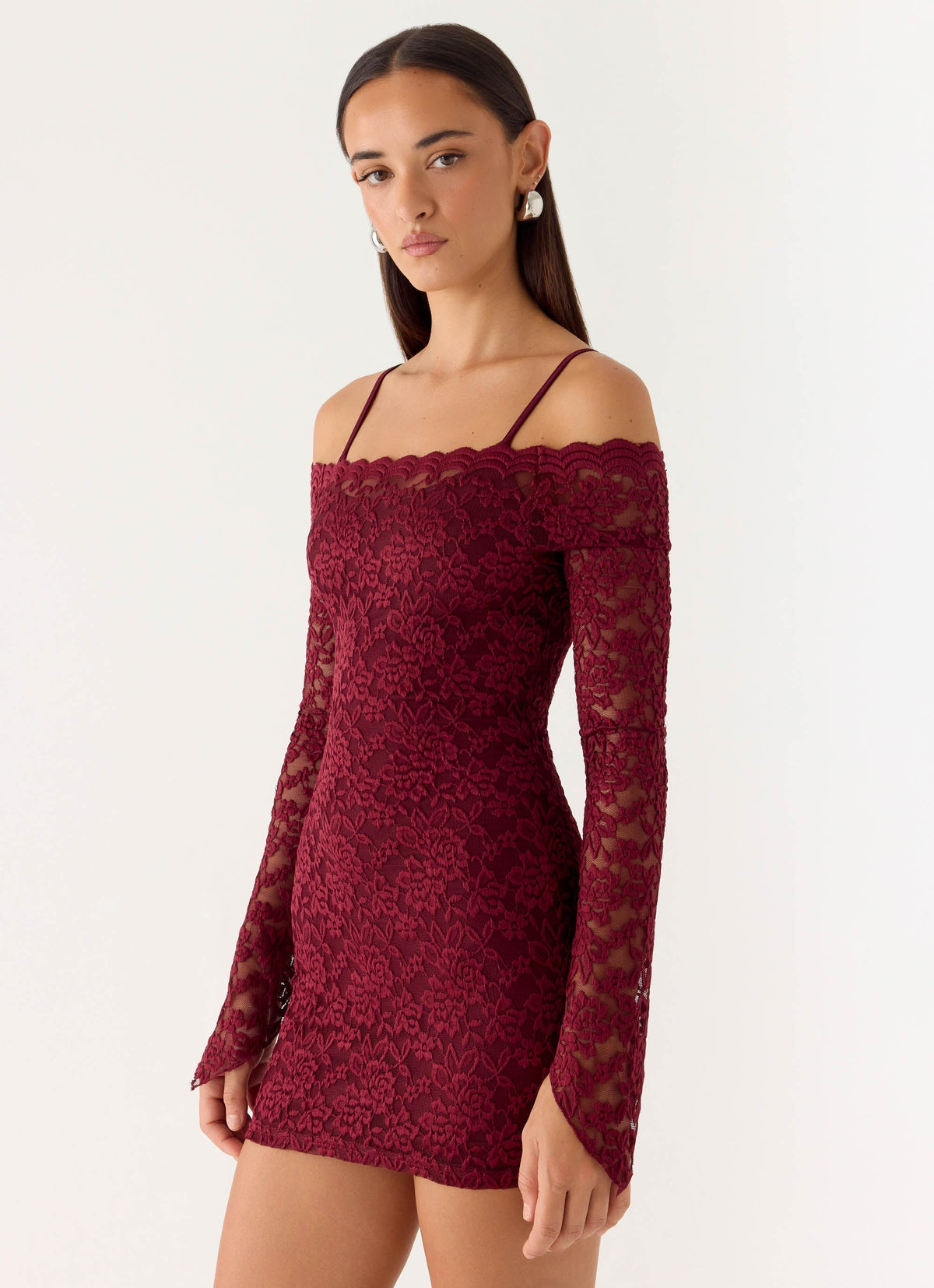 Lace Off Shoulder Long Bell Sleeve Bodycon Mini Dress 6