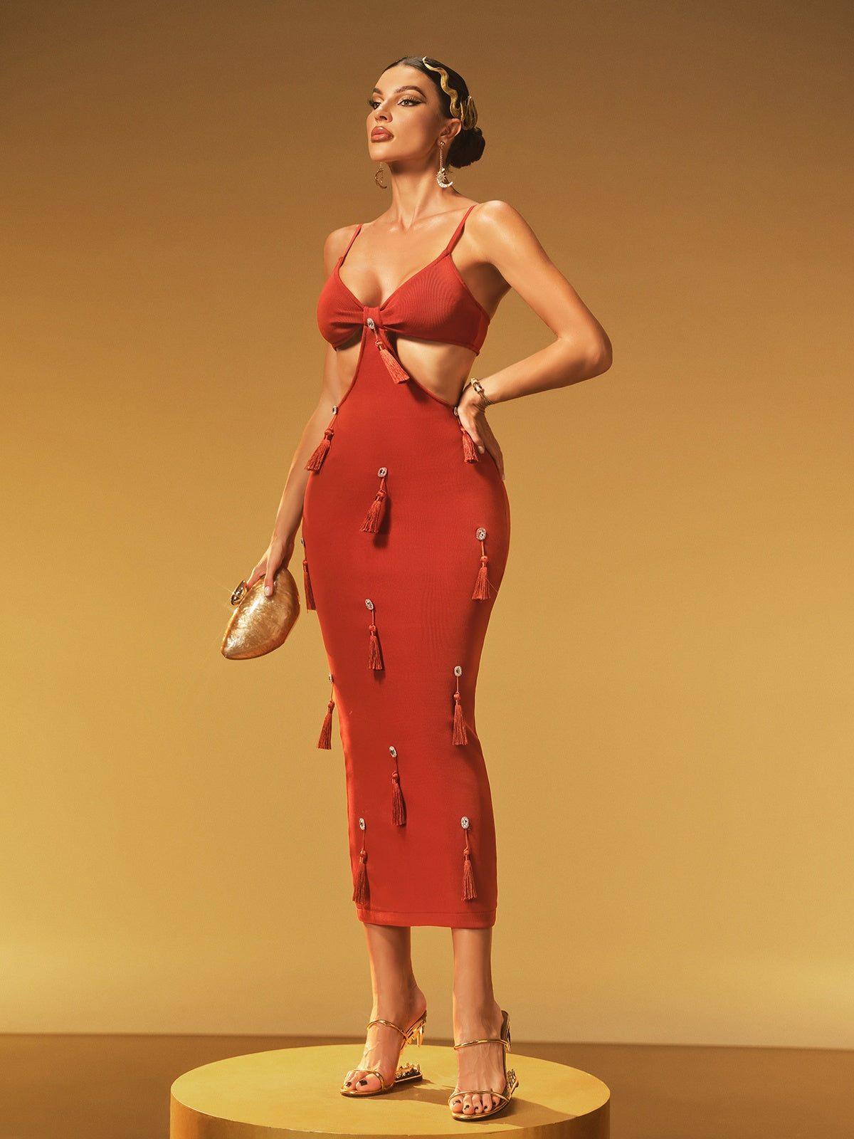 Bandage Spaghetti Strap Cut Out Rhinestone Fringe Tassel Maxi Dress