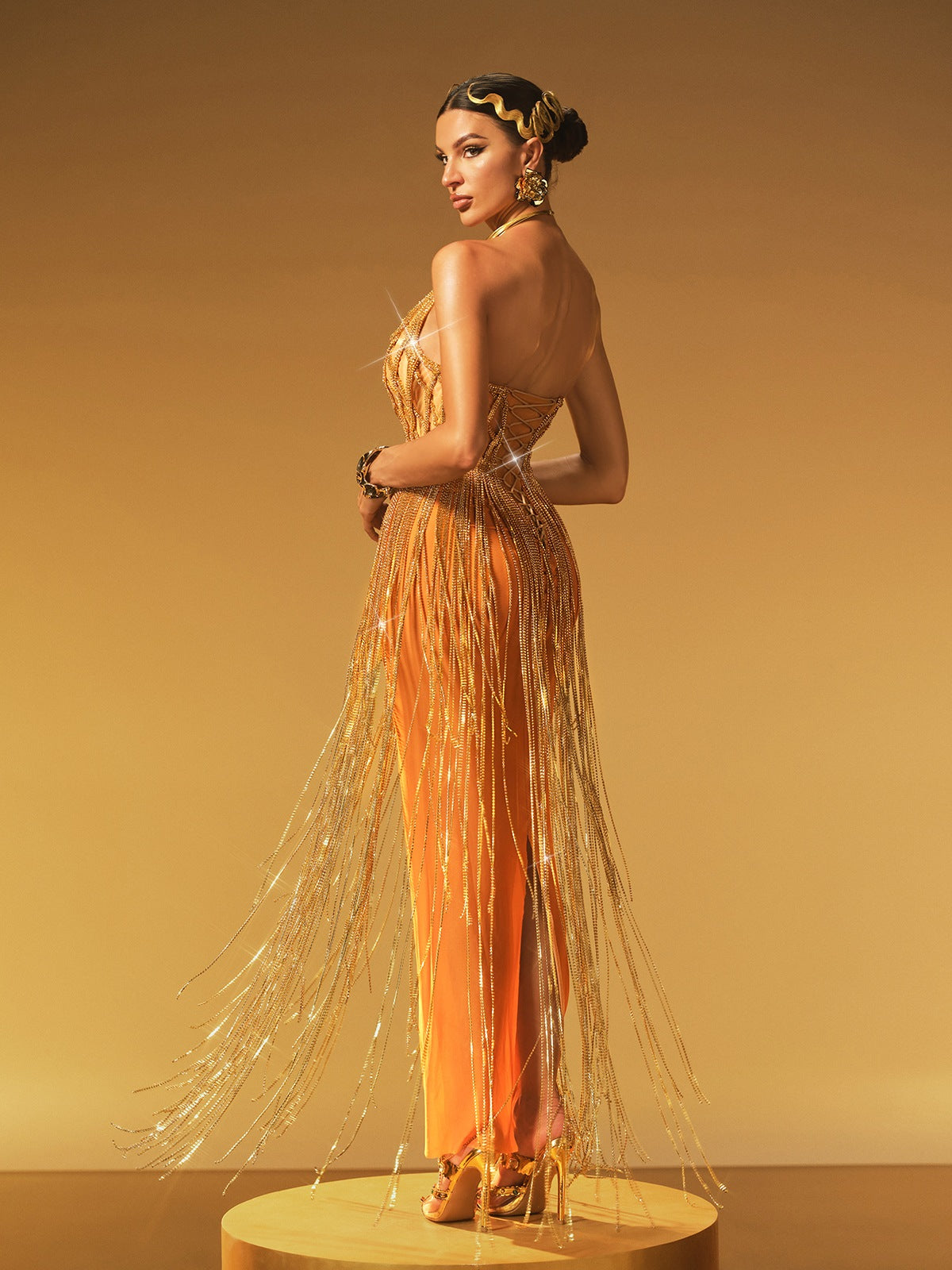 Strapless Chain Fringe Mesh Maxi Dress - View 6