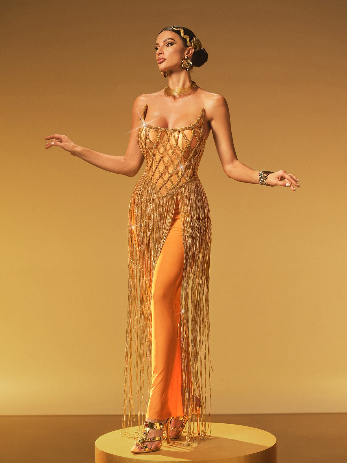 Strapless Chain Fringe Mesh Maxi Dress - View 2