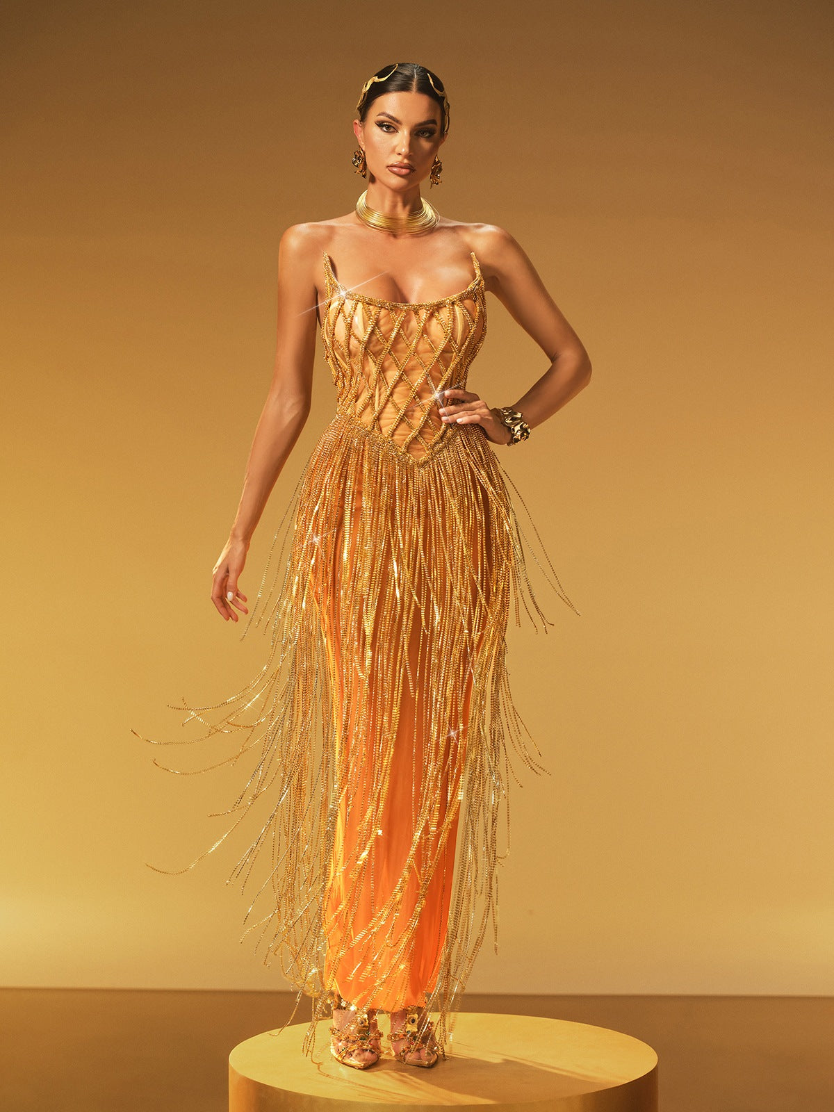 Strapless Chain Fringe Mesh Maxi Dress - View 3