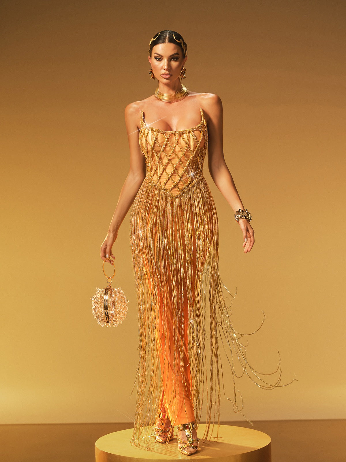 Strapless Chain Fringe Mesh Maxi Dress