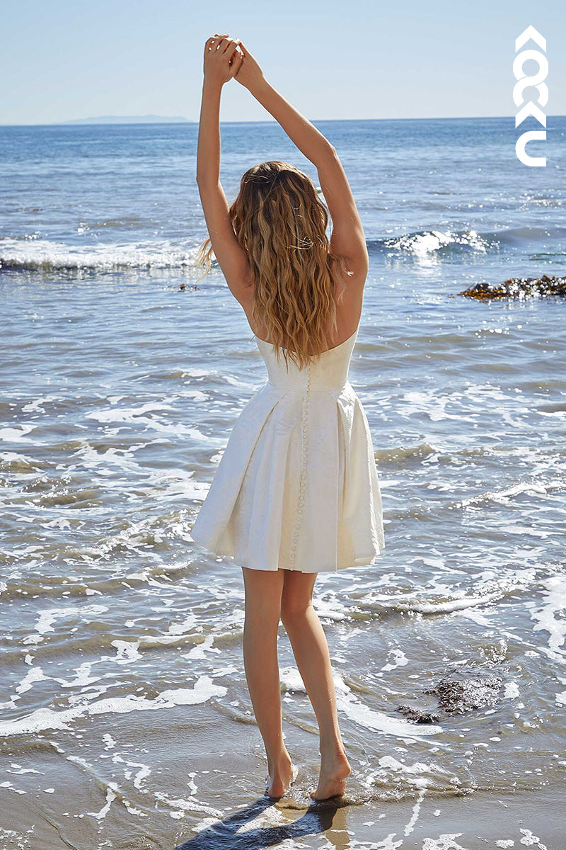 K1476 - V-Neck Strapless Sleeveless Print Satin A-Line Mini Wedding Dress