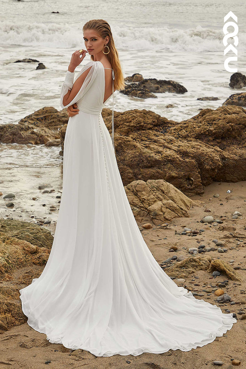 K1481 - V-Neck Long Sleevles Ruched Sheer Tulle A-Line Long Wedding Dress