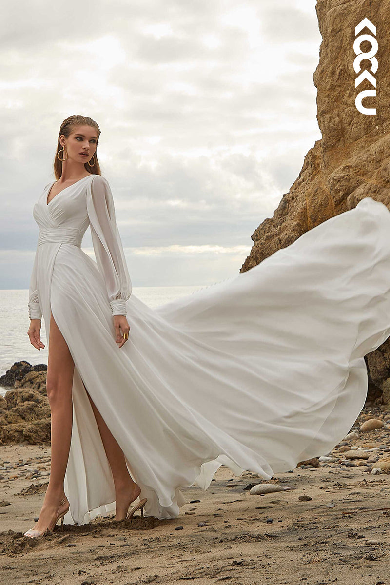 K1481 - V-Neck Long Sleevles Ruched Sheer Tulle A-Line Long Wedding Dress