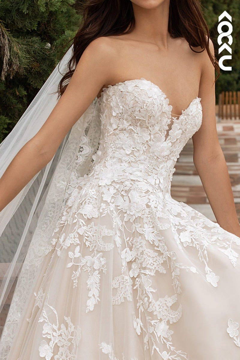 K1503 - Sweetheart Strapless Lace Appliqued Tulle A-Line Long Wedding Dress