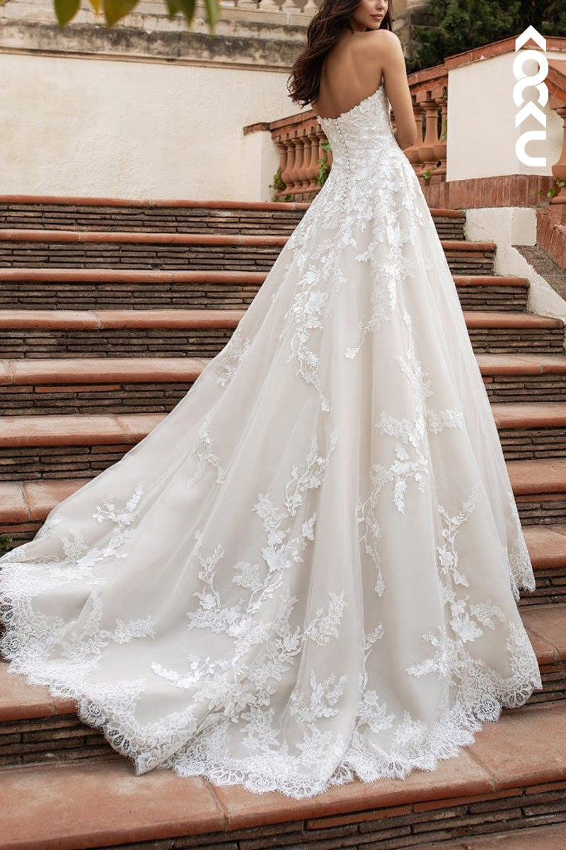 K1503 - Sweetheart Strapless Lace Appliqued Tulle A-Line Long Wedding Dress