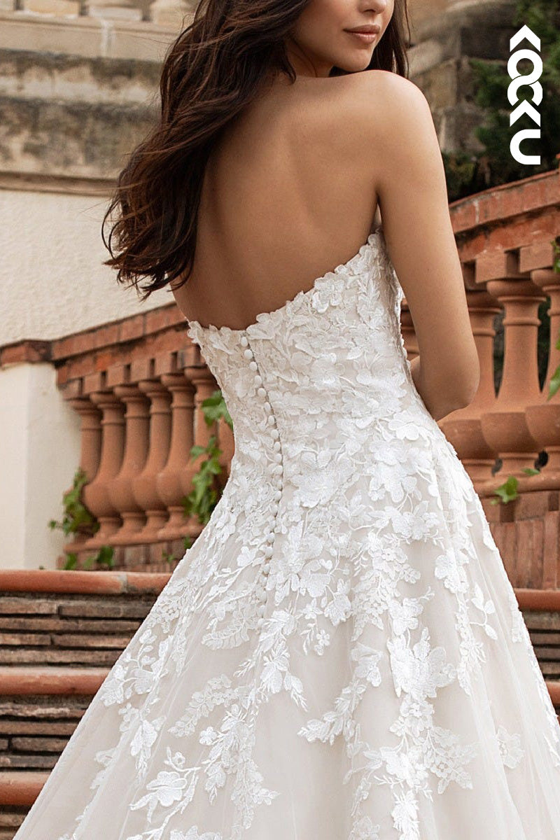 K1503 - Sweetheart Strapless Lace Appliqued Tulle A-Line Long Wedding Dress