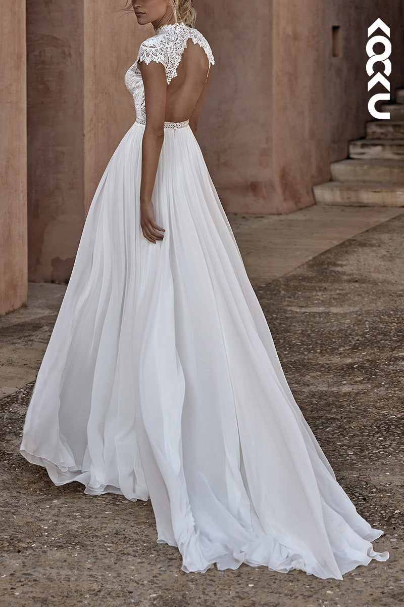 K1504 - High Neck Short Sleeves Lace Ruched Chiffon A-Line Long Wedding Dress