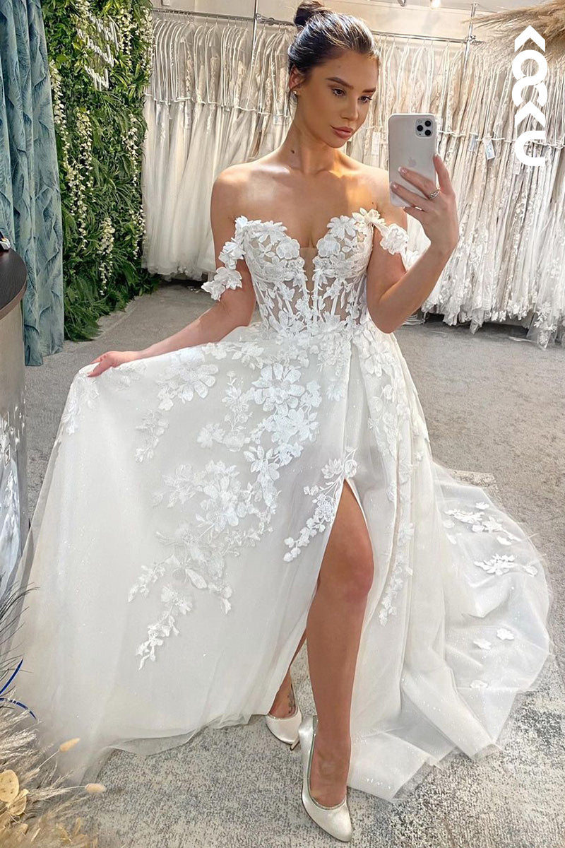 K1512 - Low V-Neck Off-Shoulder Appliqued Sheer Tulle A-Line Long Wedding Dress