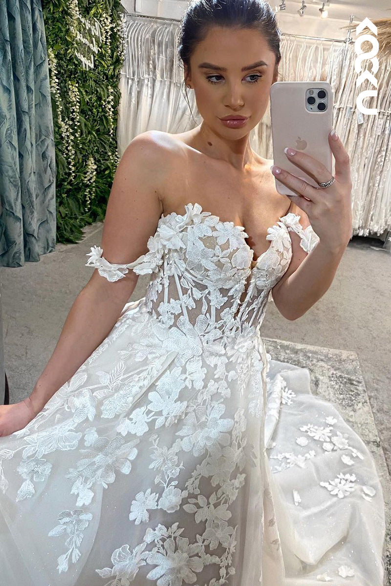 K1512 - Low V-Neck Off-Shoulder Appliqued Sheer Tulle A-Line Long Wedding Dress
