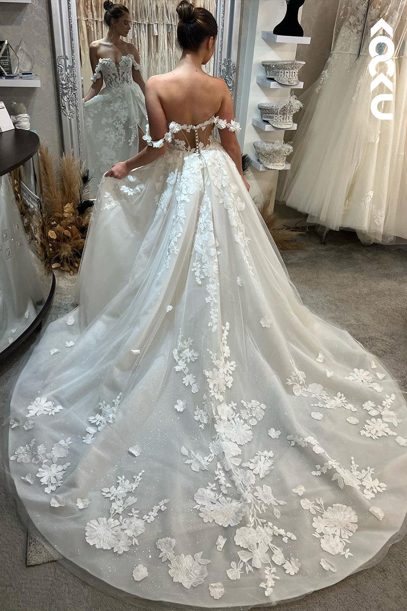 K1512 - Low V-Neck Off-Shoulder Appliqued Sheer Tulle A-Line Long Wedding Dress