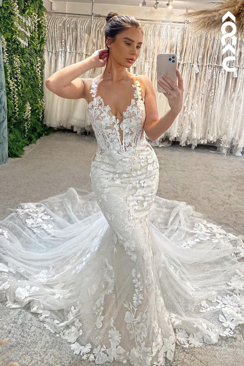K1513 - Low V-Neck Sleeveless Lace Appliqued Tulle Mermaid Long Wedding Dress