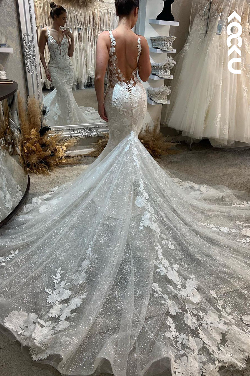 K1513 - Low V-Neck Sleeveless Lace Appliqued Tulle Mermaid Long Wedding Dress